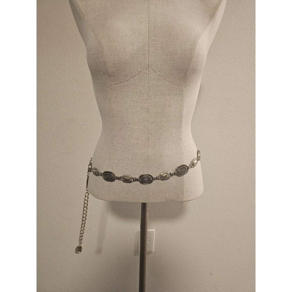 Silver Tone Chain Belt 42 Inch Adjustable Oval Link Medallion Boho